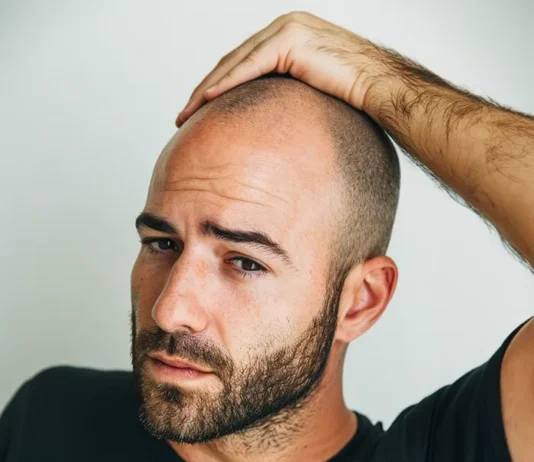 Homme barbu posant une main sur un sommet clairsemé