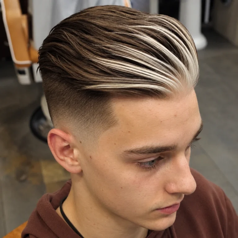 Mèche blonde sur pompadour brun