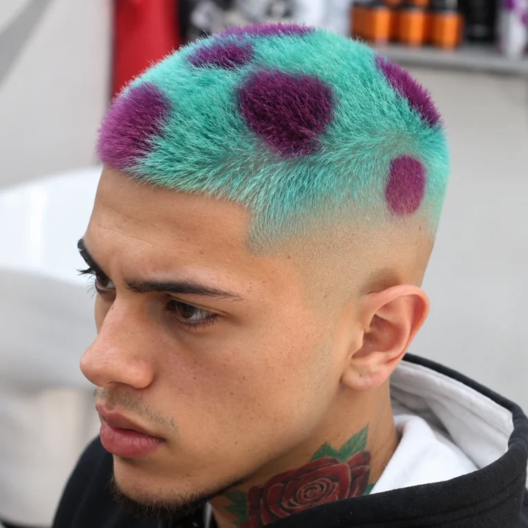 Buzz cut turquoise à taches violettes