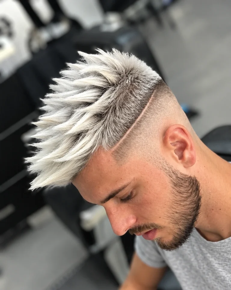 Quiff argenté avec séparation nette