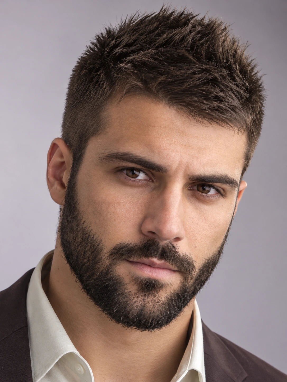 Barbe courte et dense avec cheveux bruns texturés