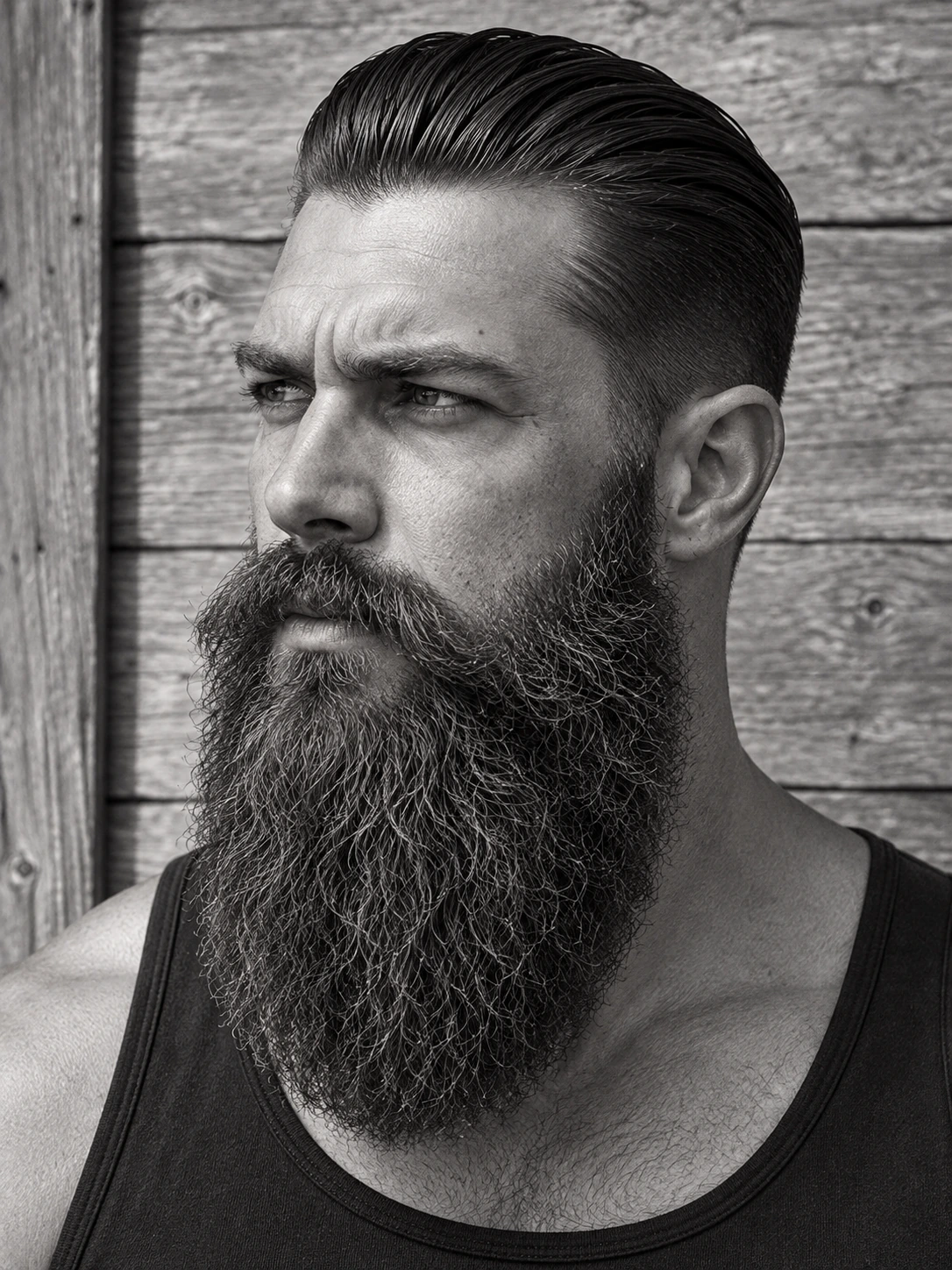 Barbe longue et cheveux coiffés en arrière, portrait en noir et blanc