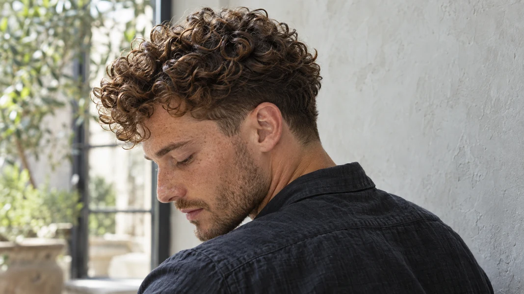 Coupe homme sur cheveux bouclés naturels avec côtés légèrement dégradés