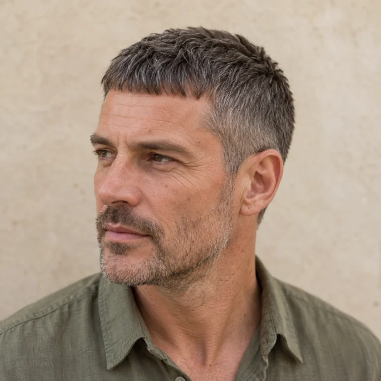Coupe César poivre et sel avec frange courte et côtés conservés