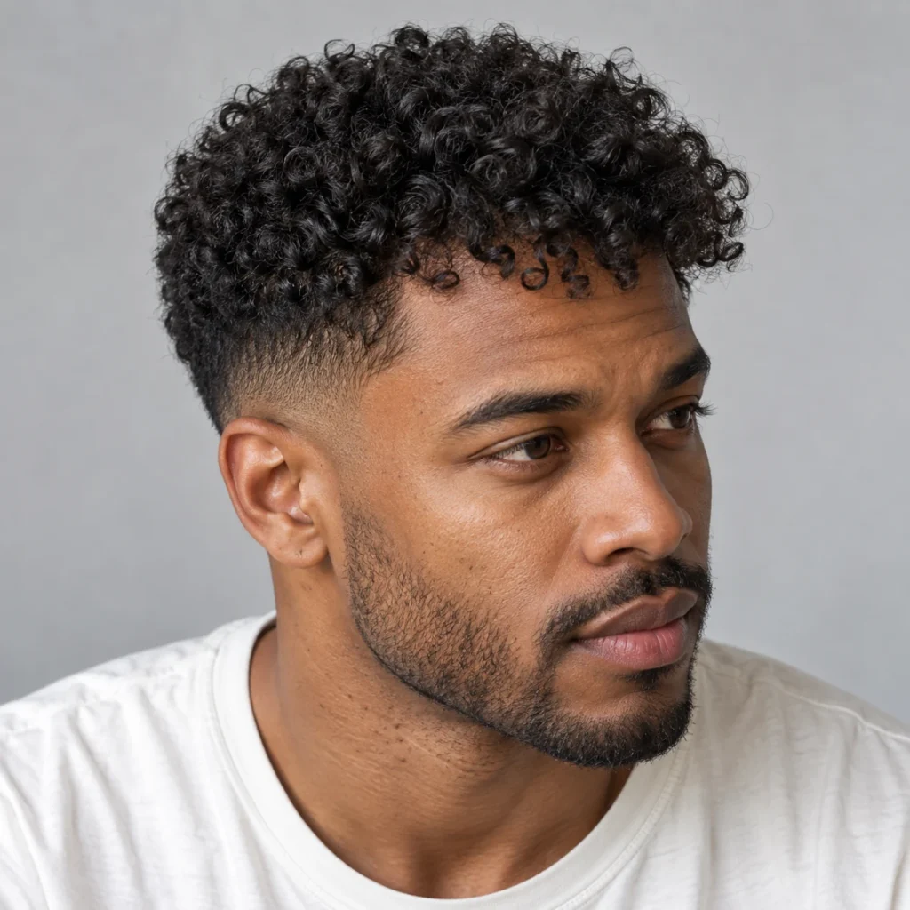 Boucles noires courtes avec transition basse progressive autour de la tempe