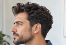 Cheveux épais ondulés, avant relevé et côtés conservés, vue de profil