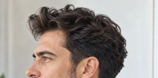 Cheveux épais ondulés, avant relevé et côtés conservés, vue de profil