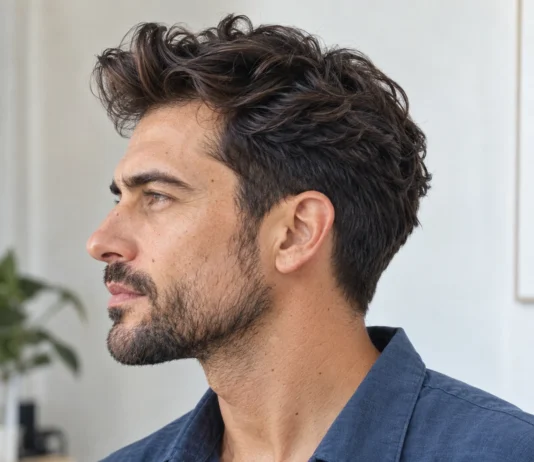 Cheveux épais ondulés, avant relevé et côtés conservés, vue de profil