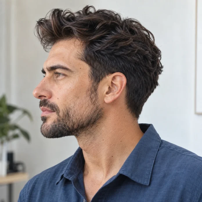 Cheveux épais ondulés, avant relevé et côtés conservés, vue de profil
