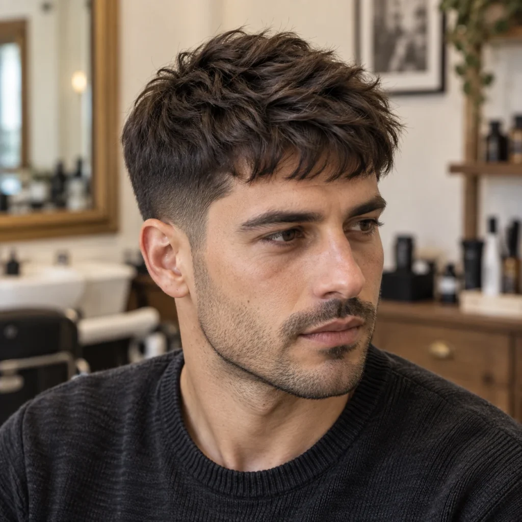 Crop texturé sur cheveux bruns épais, frange irrégulière et côtés courts