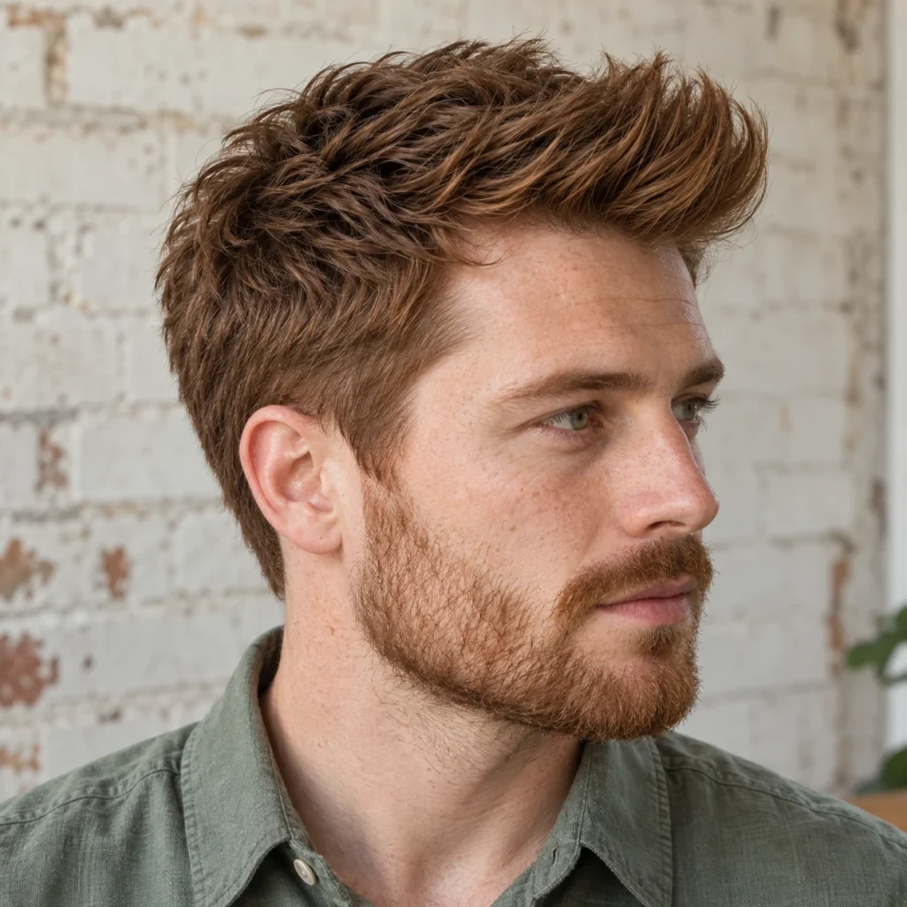 Quiff sur cheveux auburn épais avec une mèche relevée et des côtés fondus