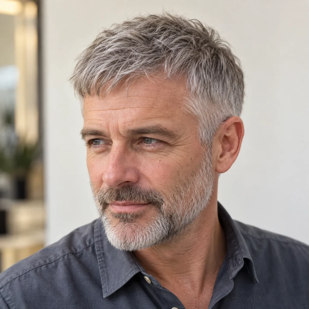 Cheveux gris, frange légère vers l’avant et côtés conservés