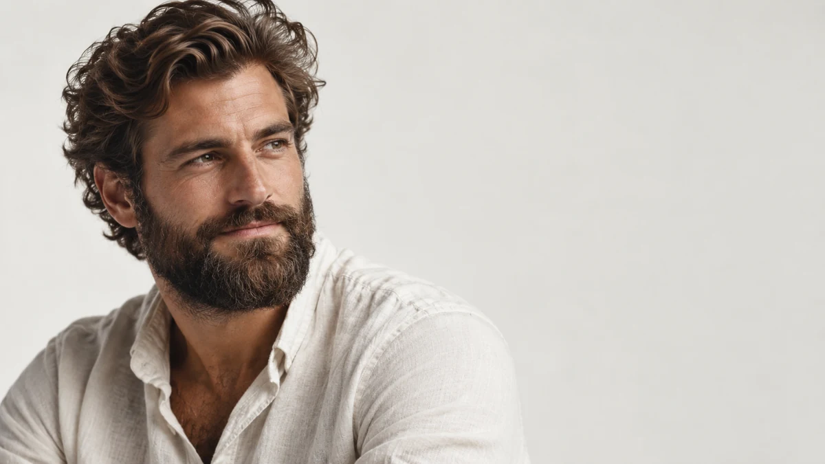 Homme aux cheveux ondulés et à la barbe fournie, portant une chemise claire.