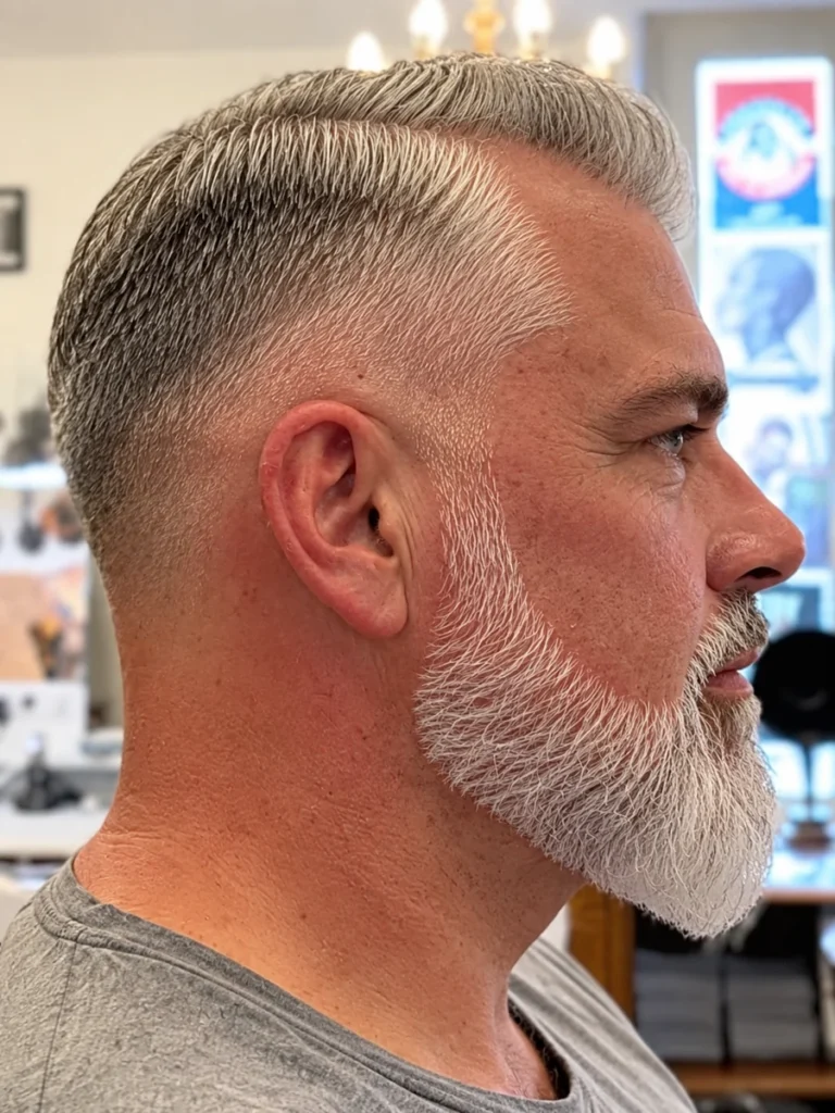 Cheveux gris coiffés sur le côté et barbe blanche dessinée