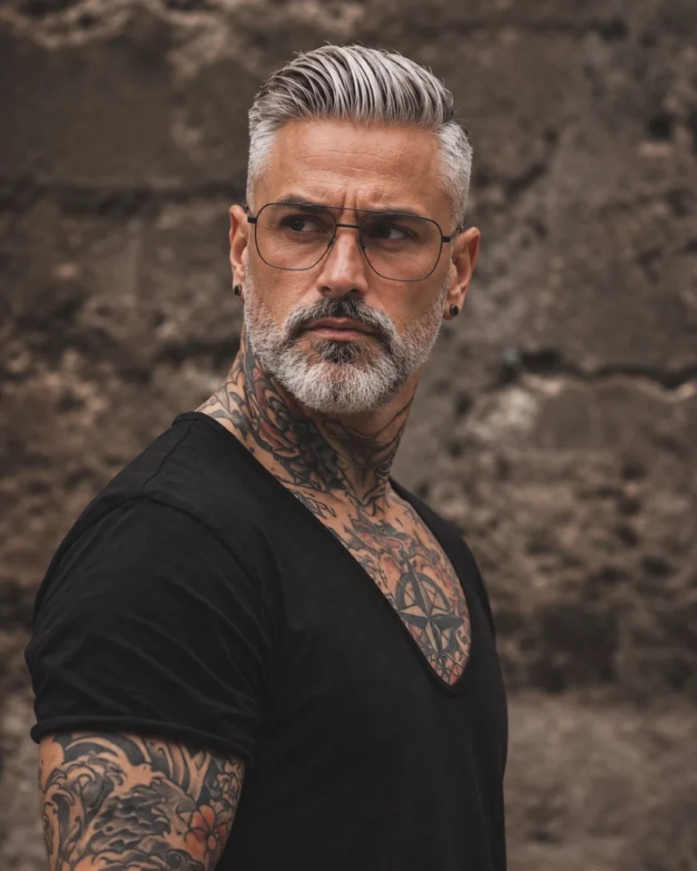 Side Part gris volumineux façon Pompadour avec barbe