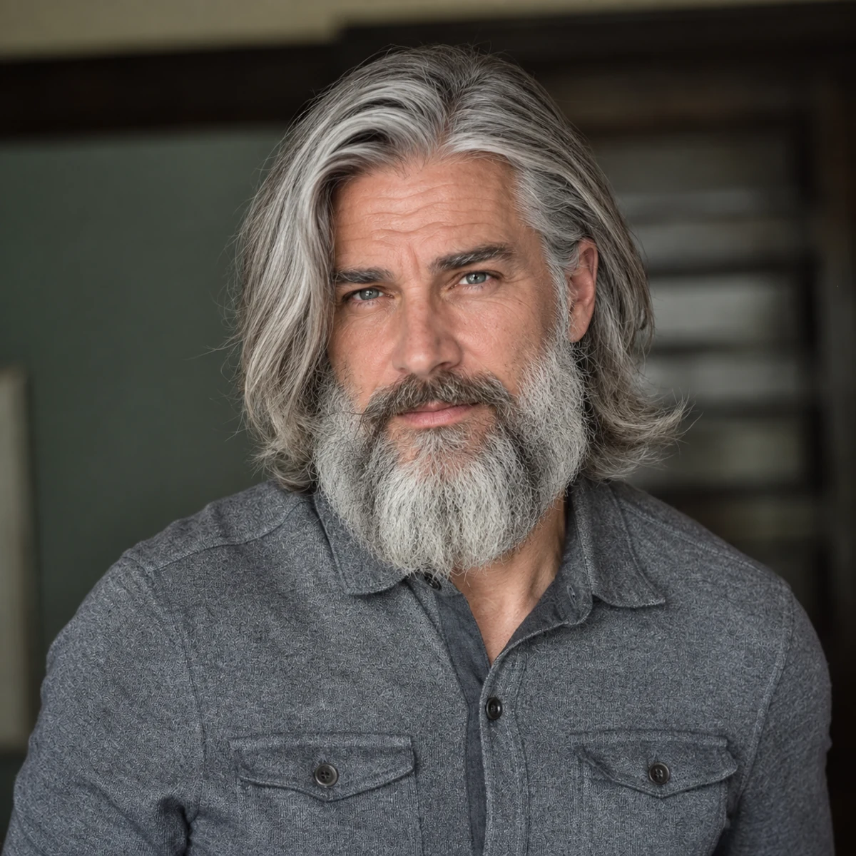 Cheveux gris longs séparés sur le côté avec barbe pleine