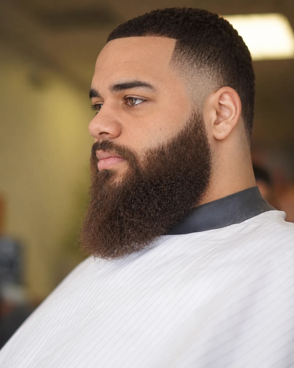 Buzz cut avec dégradé aux tempes et barbe pleine