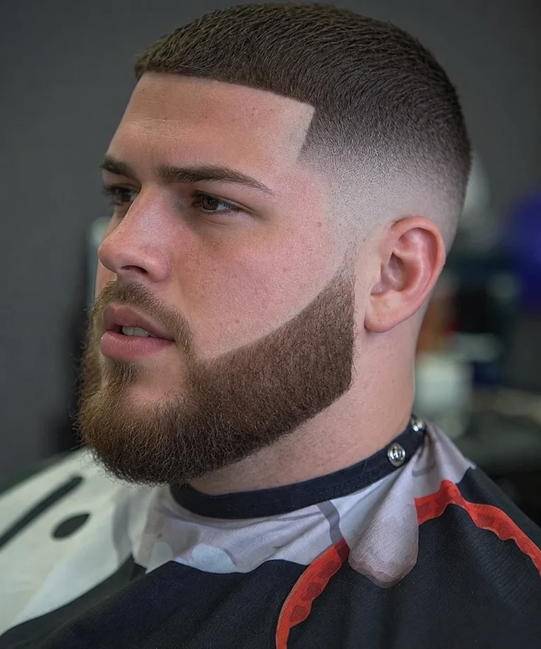 Buzz cut + Dégradé à blanc + Barbe déconnectée