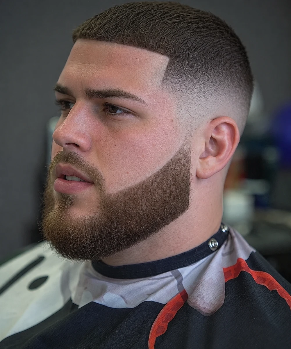 Buzz cut + Dégradé à blanc + Barbe déconnectée