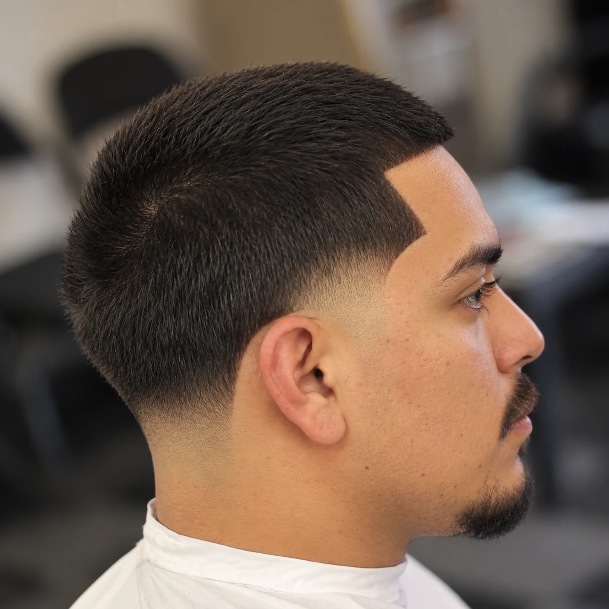 Crew cut + Dégradé aux tempes et à la nuque + Contours