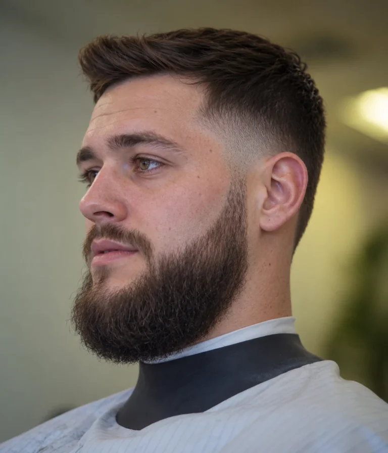 Quiff + dégradé bas sur barbe déconnectée