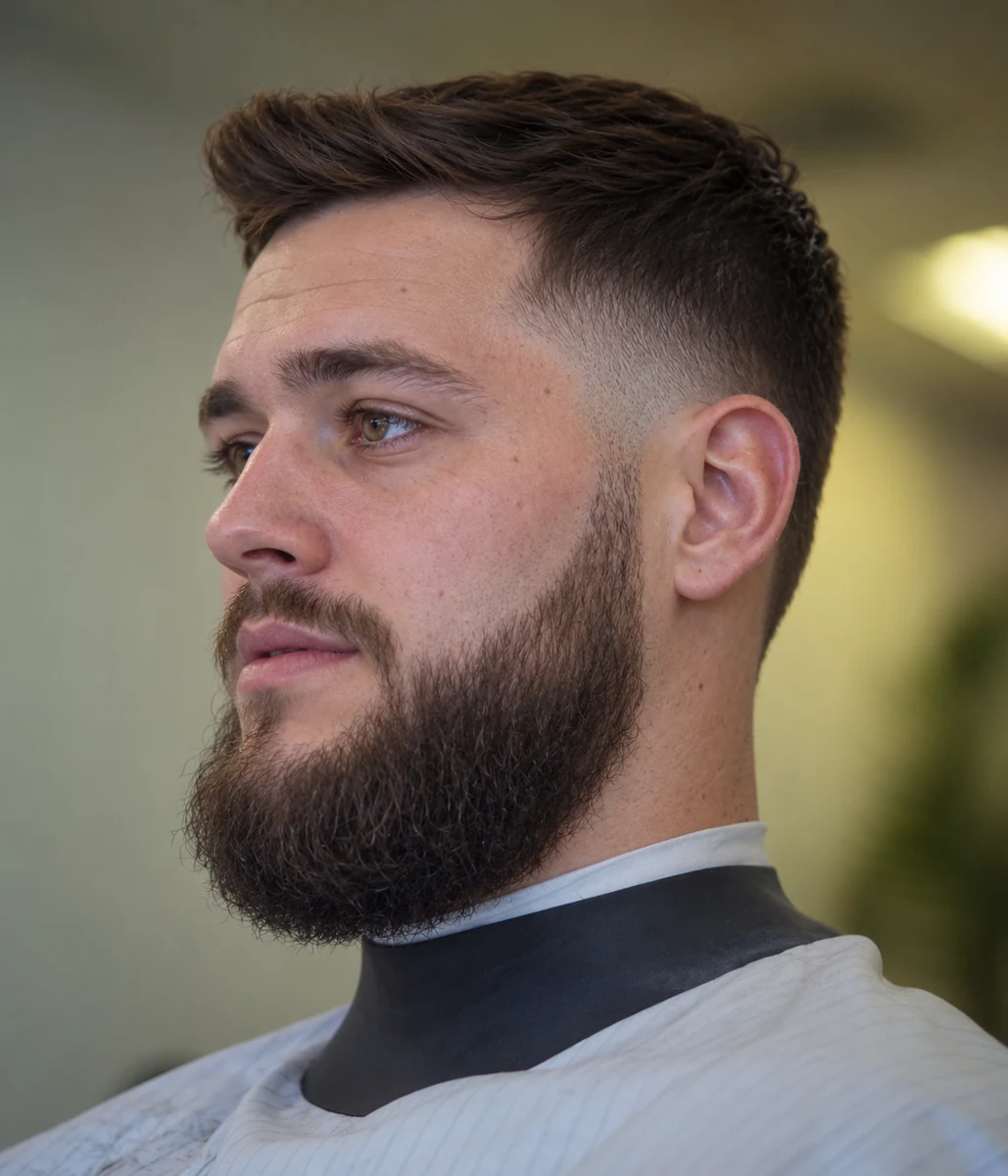 Quiff + dégradé bas sur barbe déconnectée