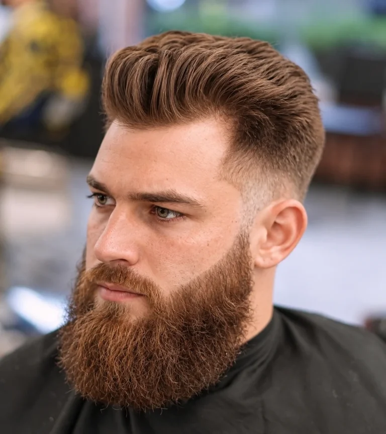 Pompadour + Dégradé moyen + Barbe pleine