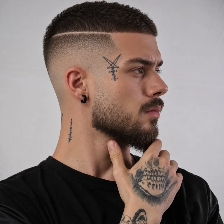 Cheveux courts avec ligne rasée latérale et barbe