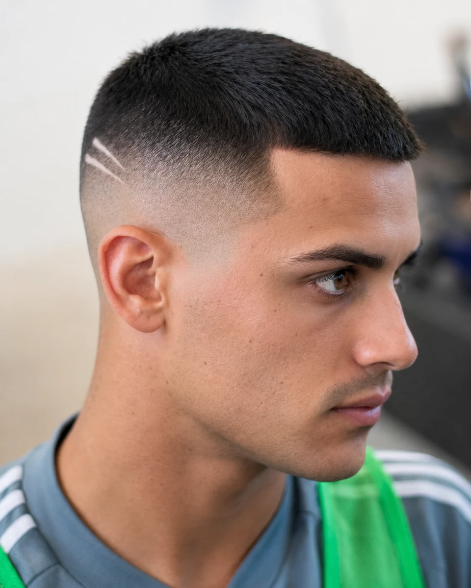 Crew cut + Dégradé haut + Double raie en signature