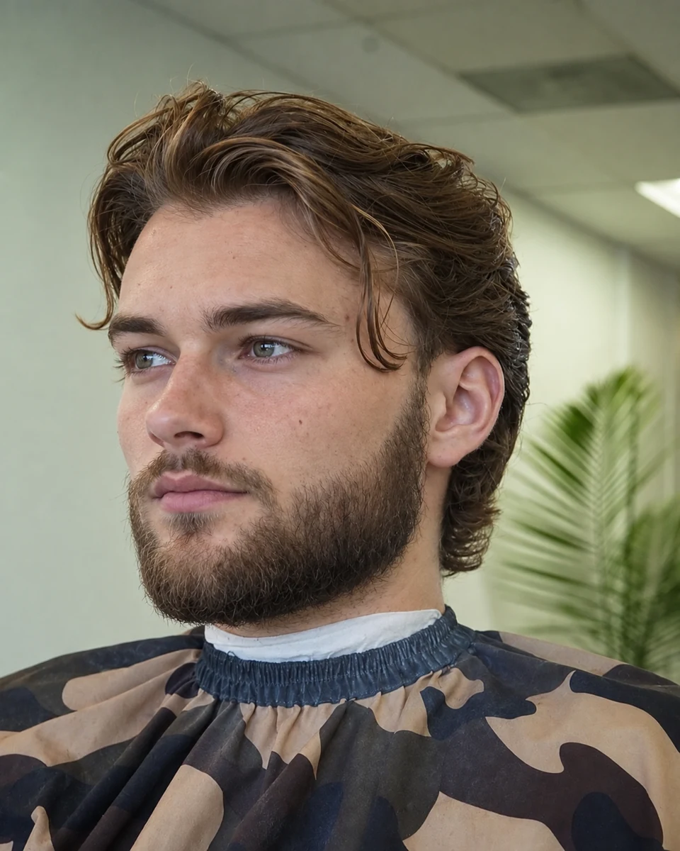 Cheveux mi-longs ondulés et barbe courte