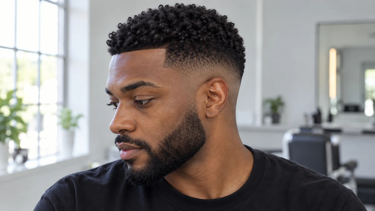 Boucles courtes avec dégradé progressif et barbe dessinée
