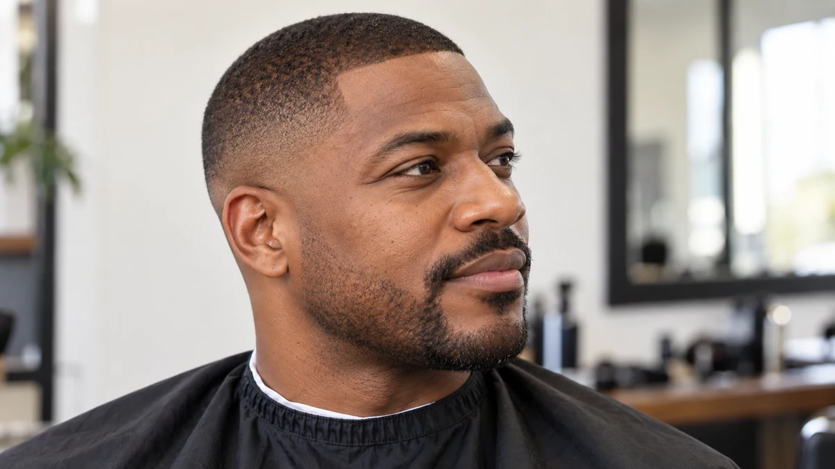 Buzz cut très court avec barbe courte poivre et sel