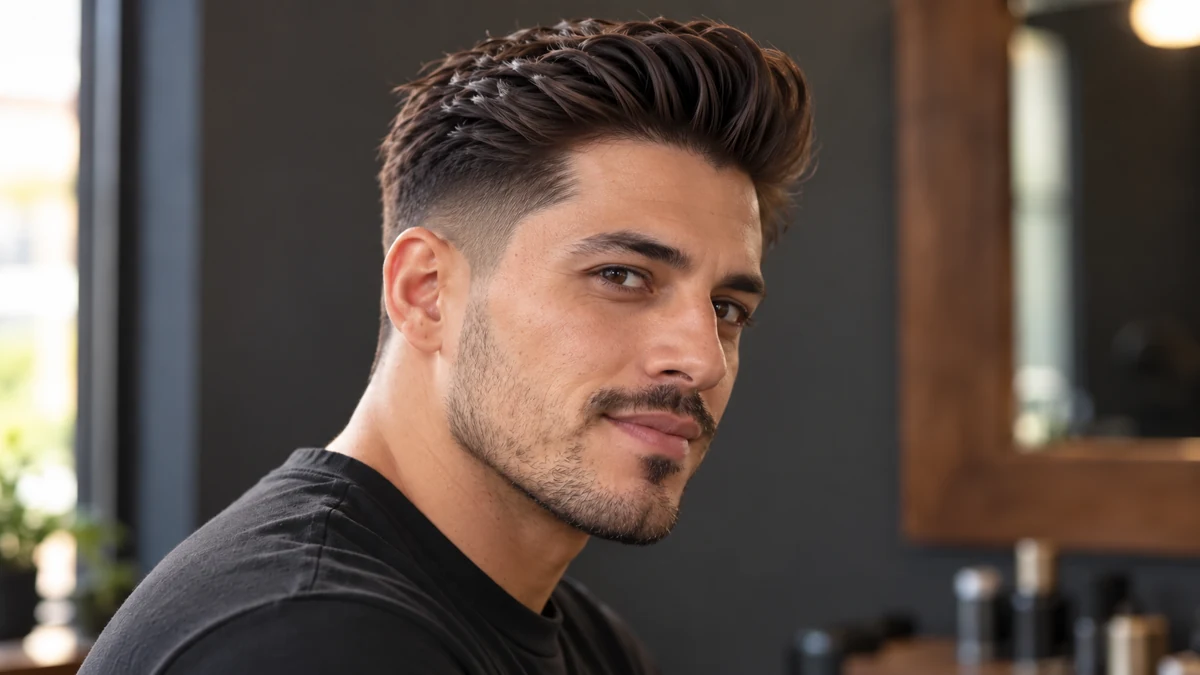 Pompadour brun avec volume coiffé vers l’arrière