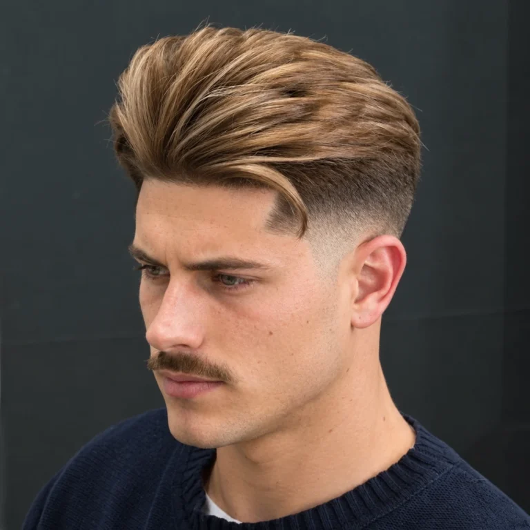 Pompadour blond avec dégradé et moustache fine