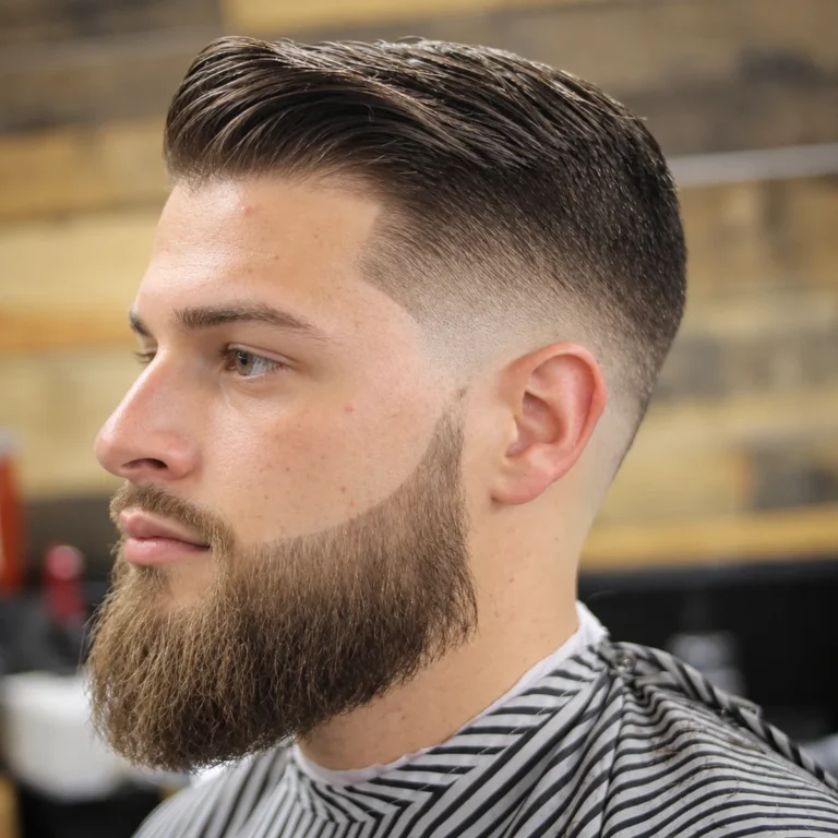 Petit Pompadour avec dégradé et barbe pleine