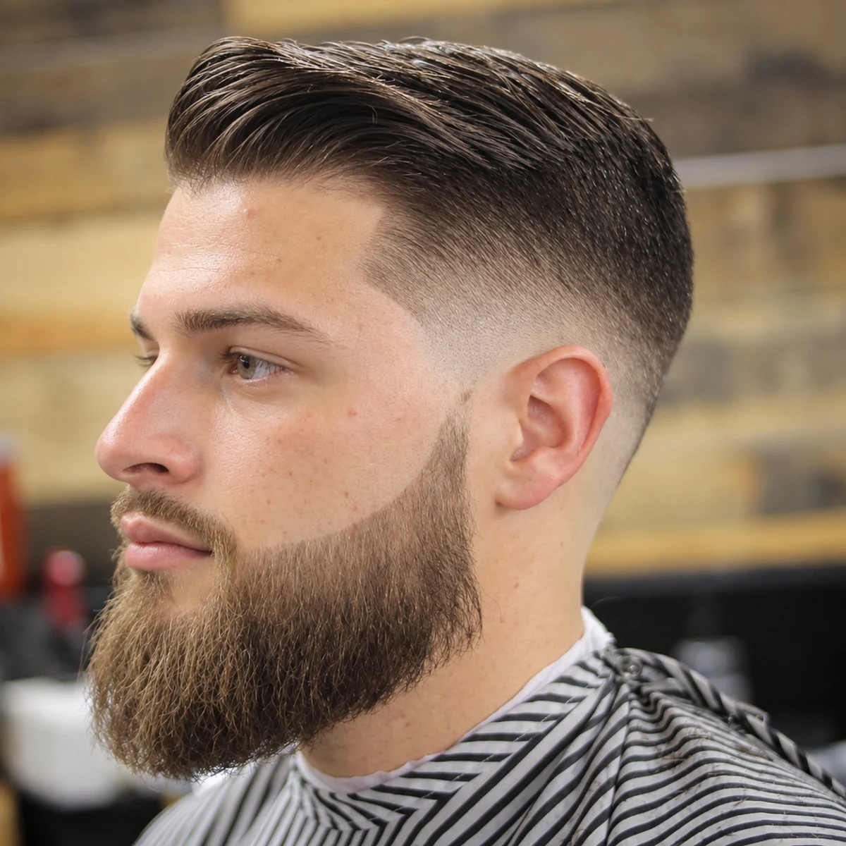 Petit Pompadour avec dégradé et barbe pleine