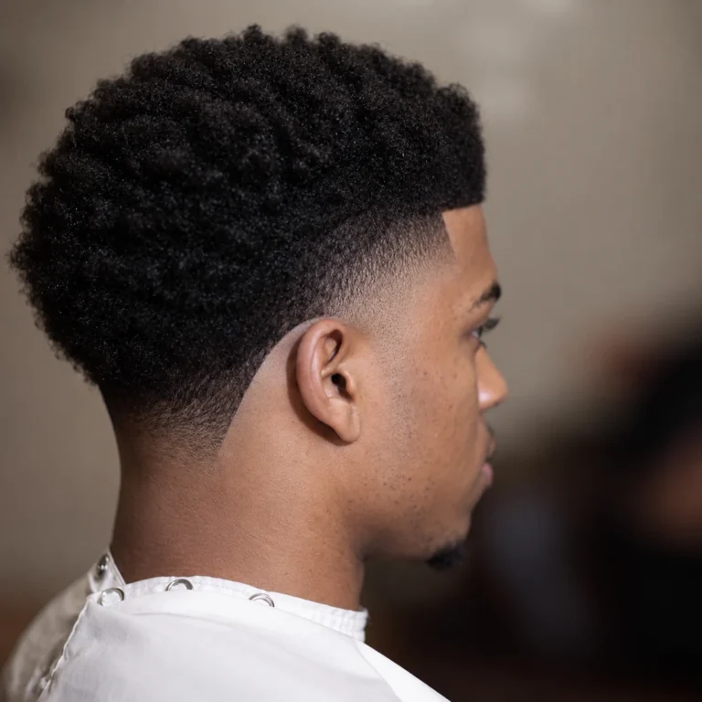 Afro arrondi avec dégradé aux tempes et à la nuque
