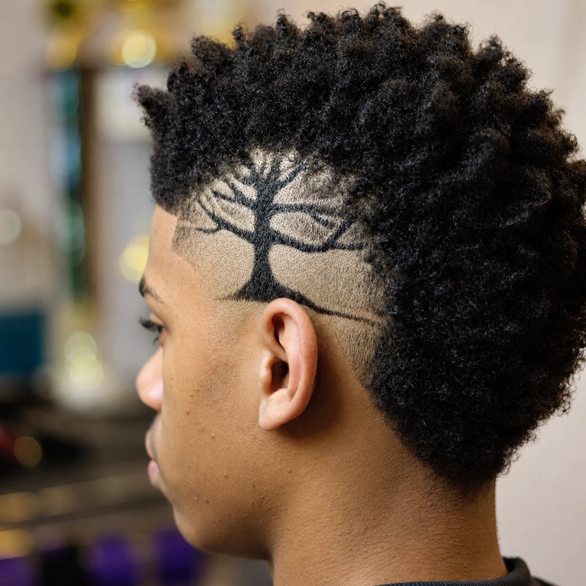 Frohawk avec motif d’arbre rasé sur le côté