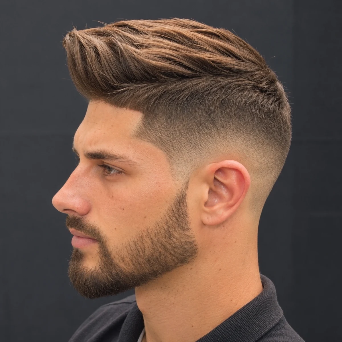 Quiff blond de longueur moyenne avec dégradé et barbe
