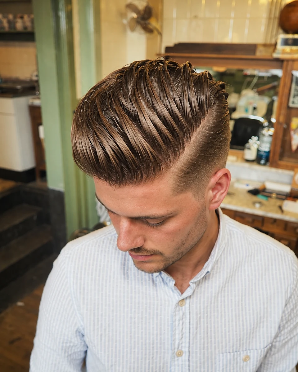 Cheveux peignés vers l’arrière avec raie latérale