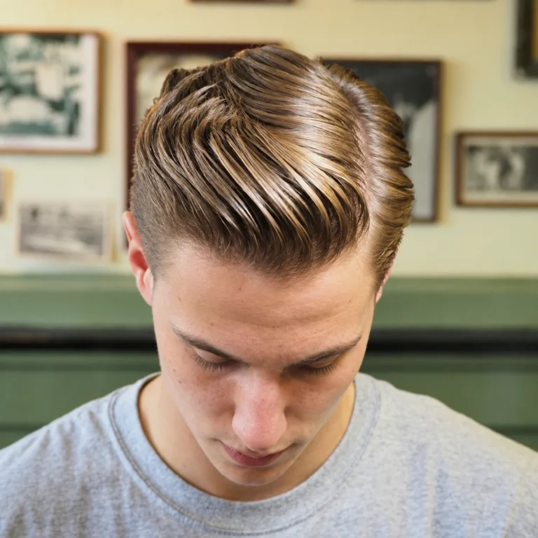 Cheveux blonds peignés sur le côté avec raie