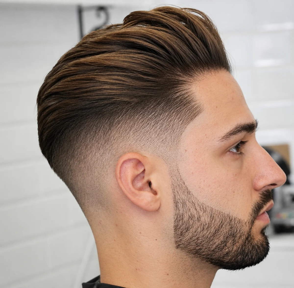 Undercut coiffé en arrière avec barbe courte