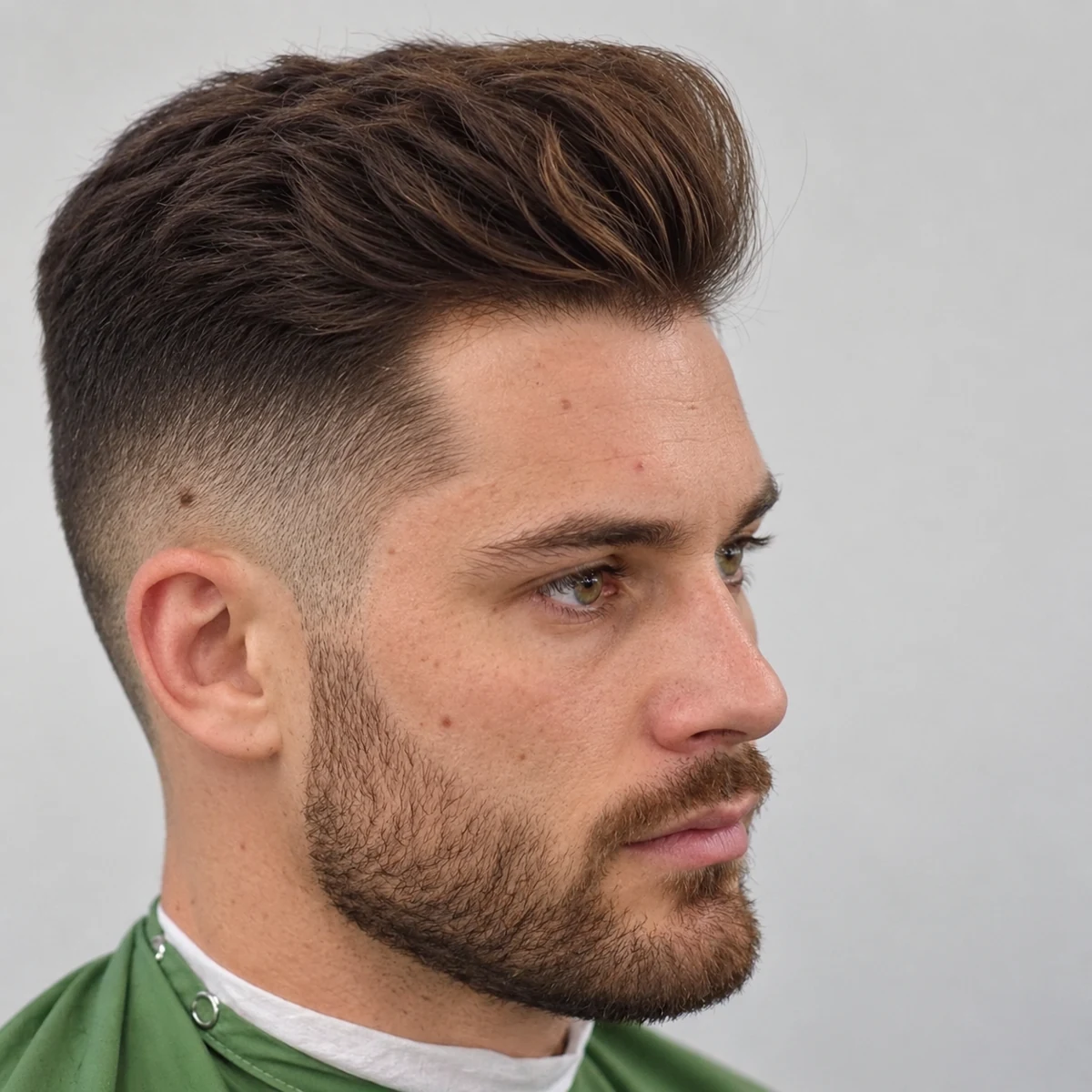 Pompadour brun avec dégradé et barbe courte
