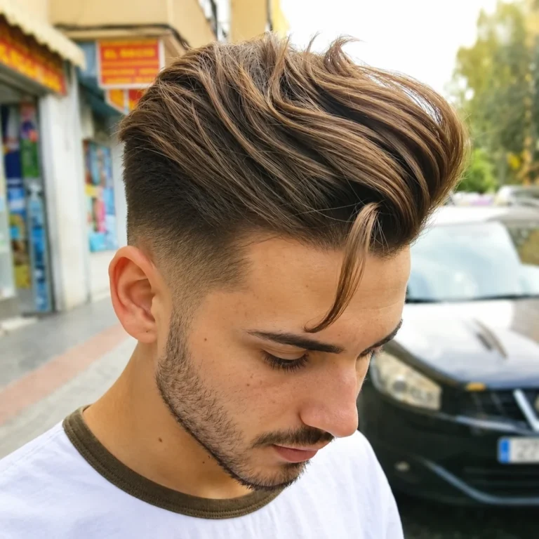 Cheveux longs coiffés en arrière avec mèche et dégradé