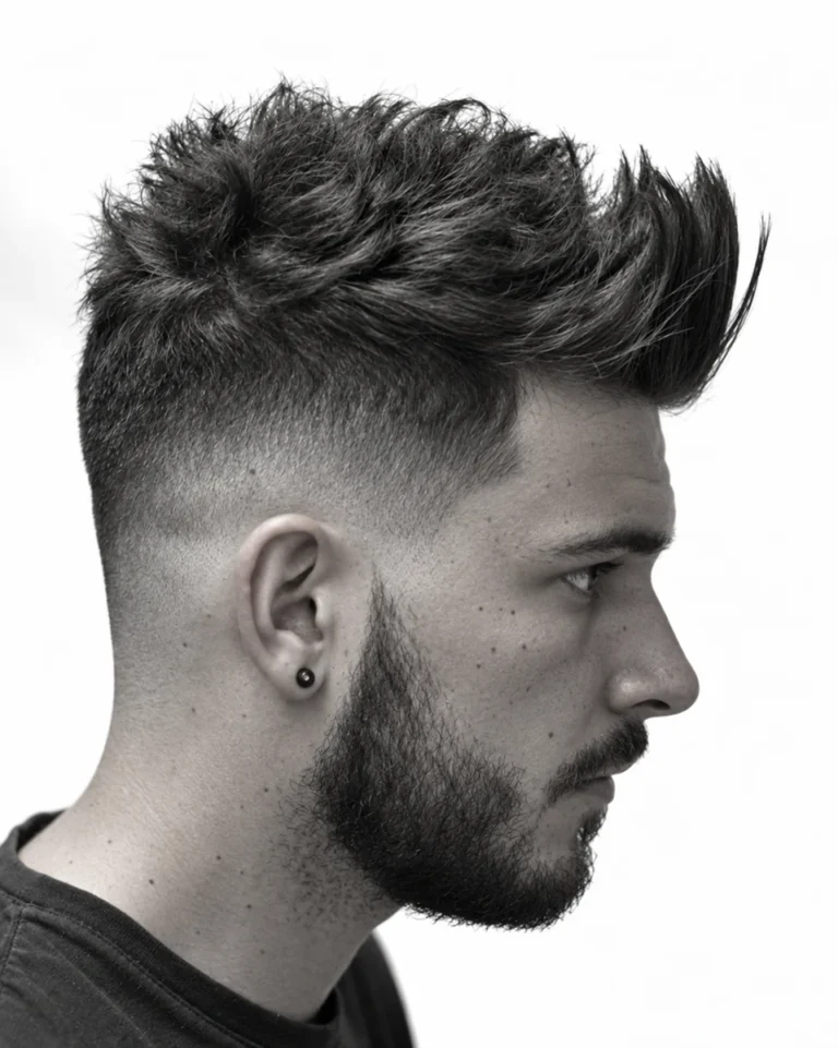 Quiff texturé avec dégradé et barbe en noir et blanc