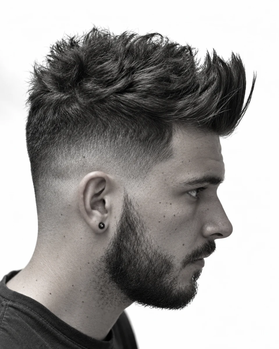 Quiff texturé avec dégradé et barbe en noir et blanc