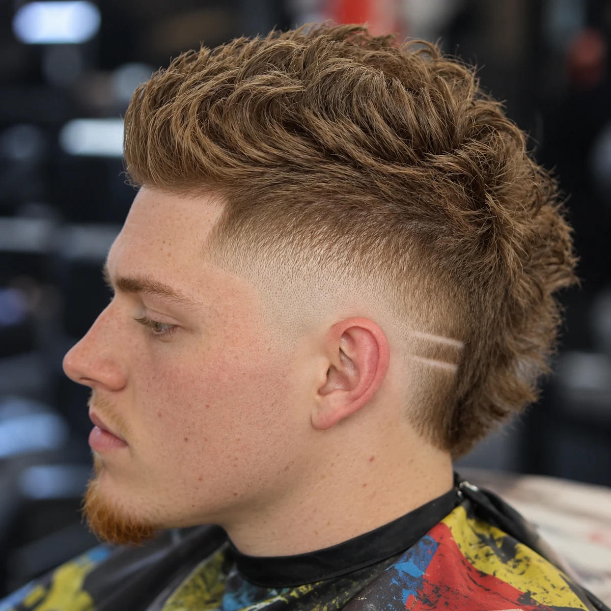 Faux hawk blond texturé avec dégradé à blanc et deux lignes rasées