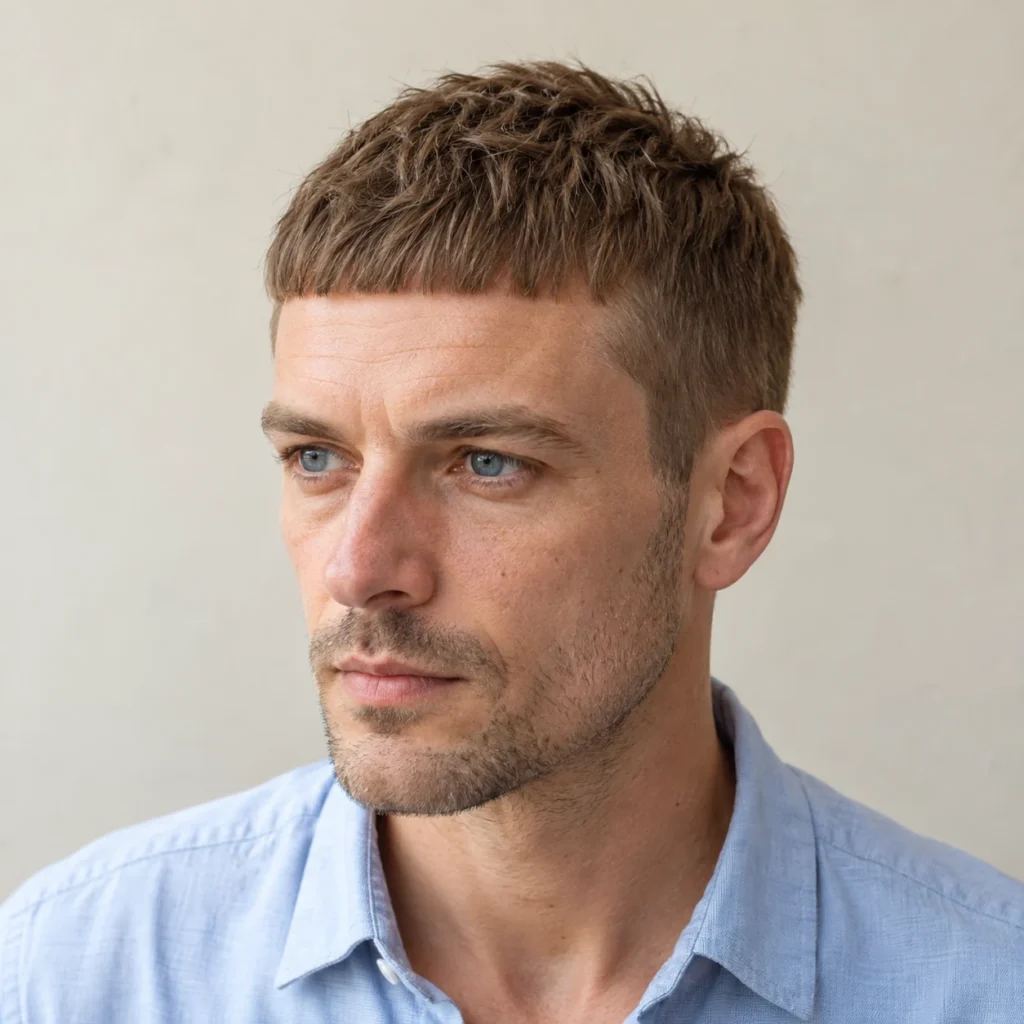 Coupe César sur cheveux châtains avec petite frange régulière et côtés courts