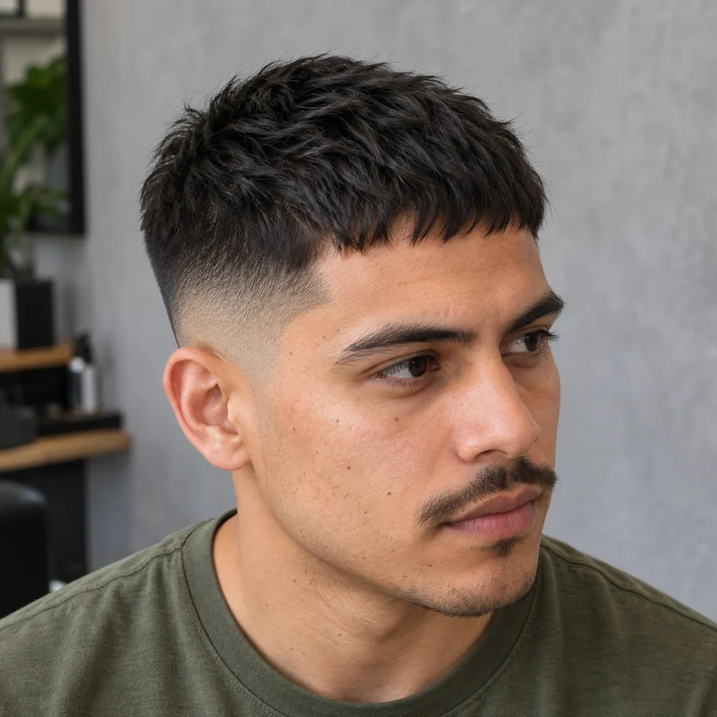 Coupe César texturée sur cheveux foncés avec frange courte et fondu bas