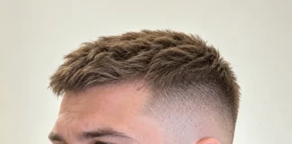 Crew cut brun avec dessus légèrement relevé